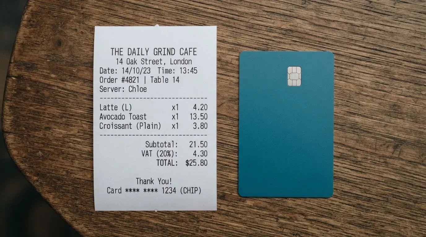 A receipt and a card on a café table