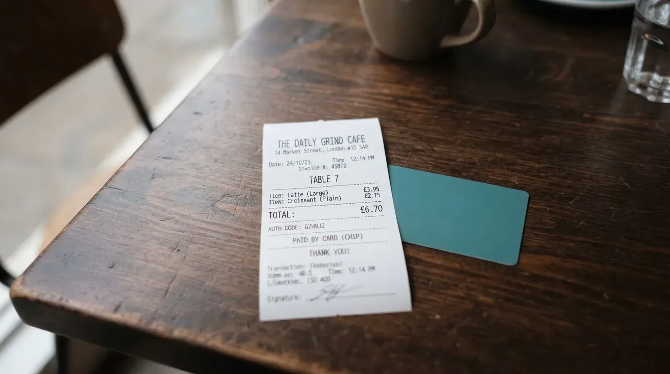 A receipt and a card on a café table