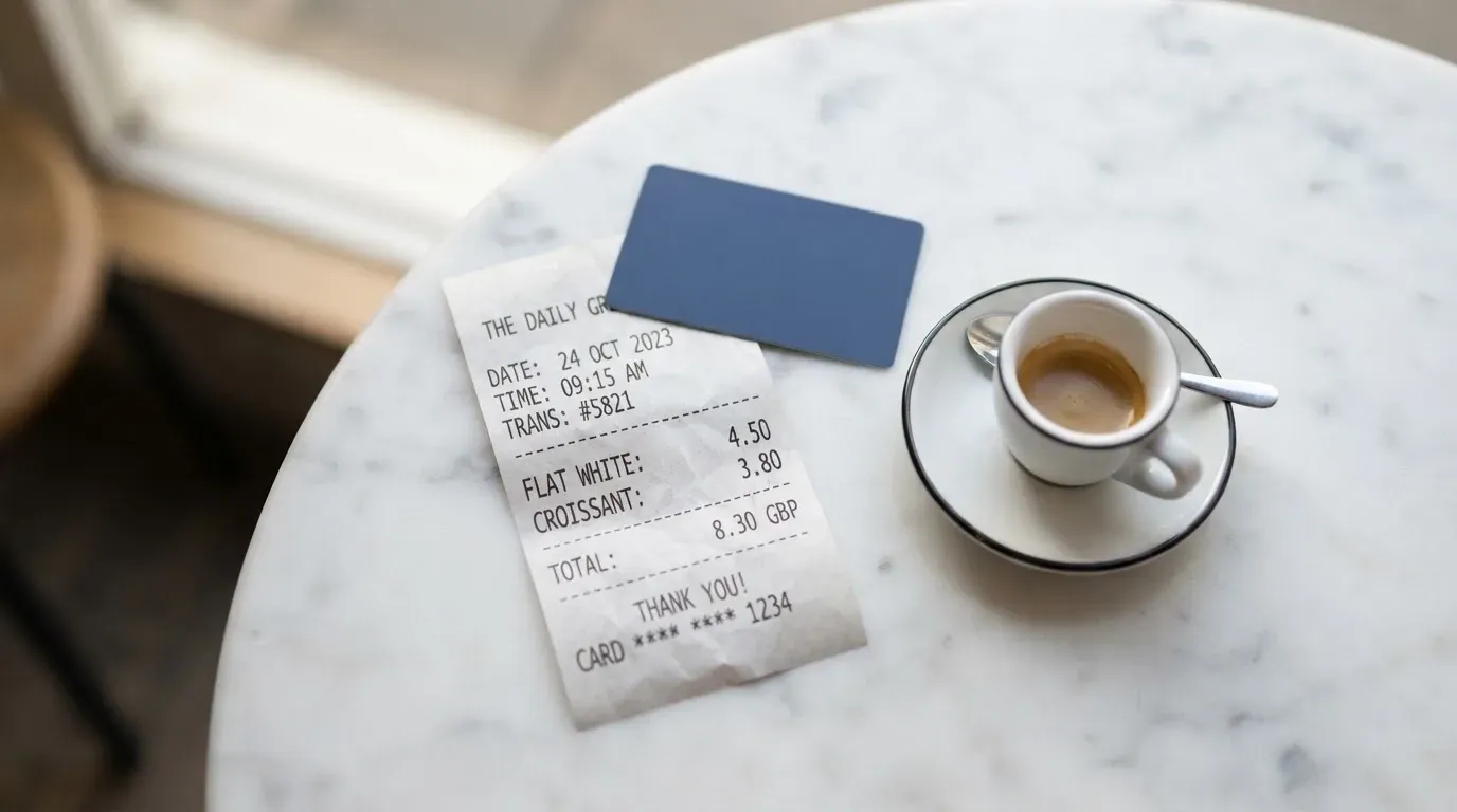 A receipt and a card on a café table