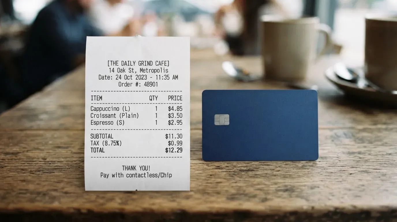 A receipt and a card on a café table
