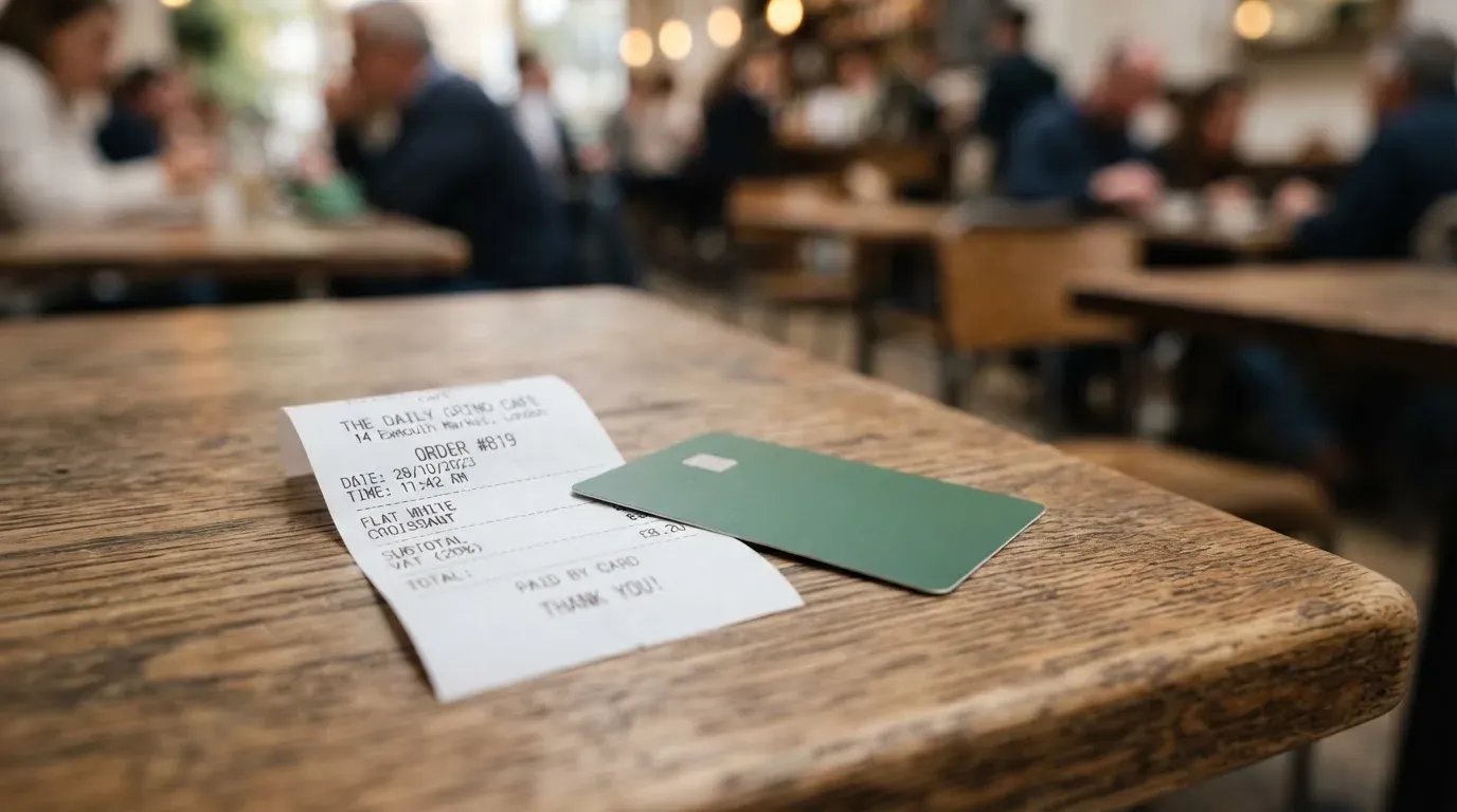A receipt and a card on a café table