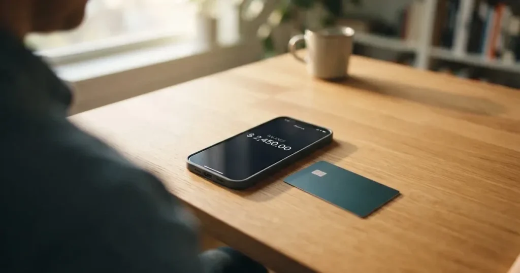 A payment card next to a phone with a crypto wallet app open