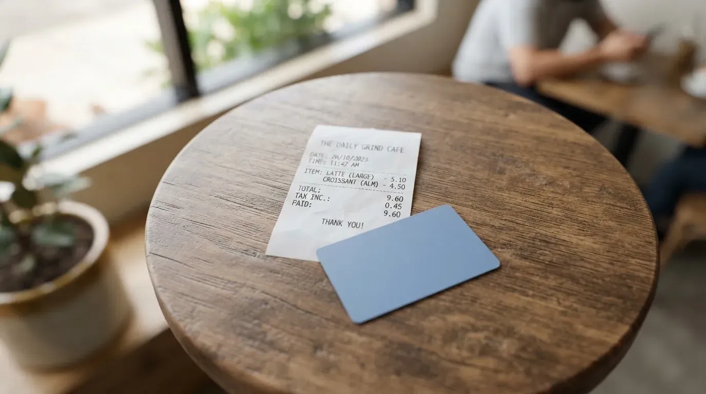 A receipt and a card on a café table