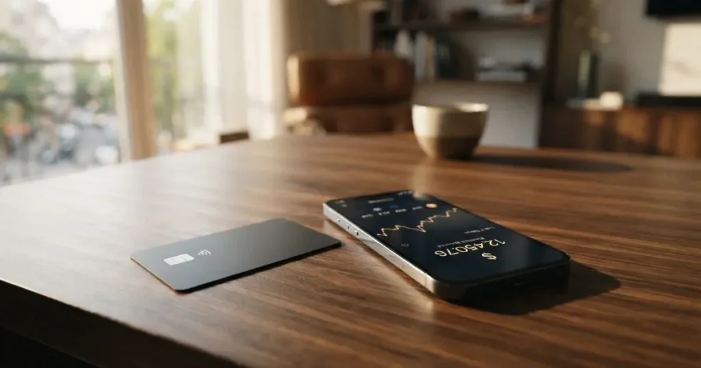 A payment card next to a phone with a crypto wallet app open
