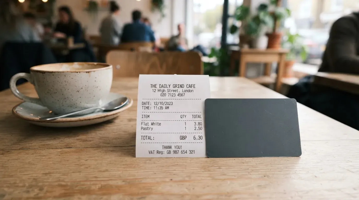 A receipt and a card on a café table