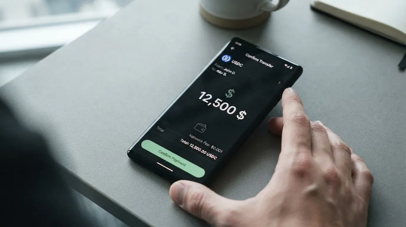 A phone showing a stablecoin transfer screen