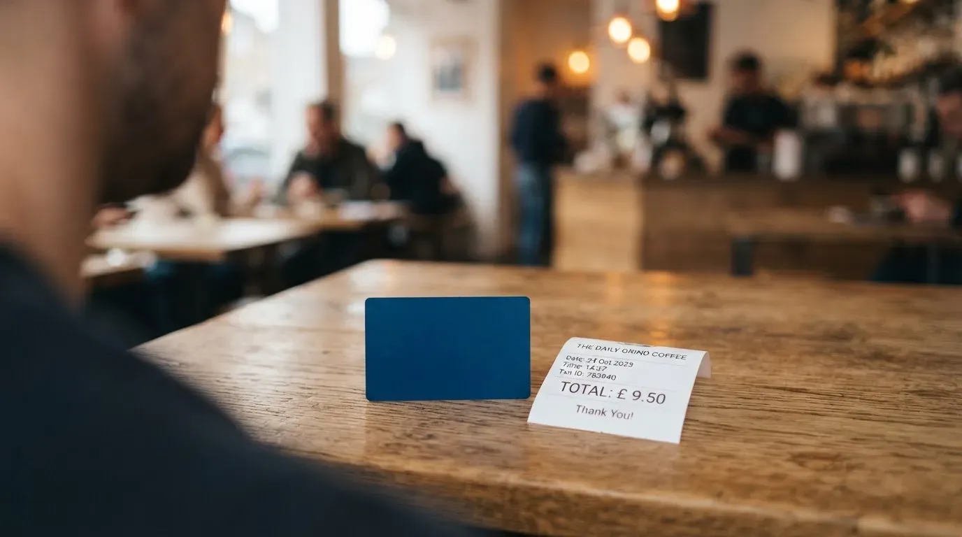 A receipt and a card on a café table
