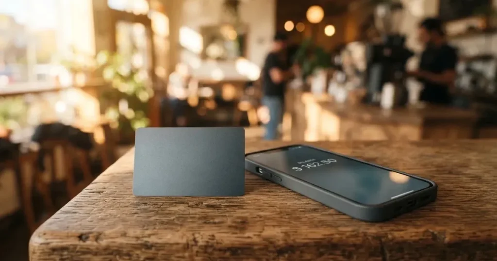 A payment card next to a phone with a crypto wallet app open
