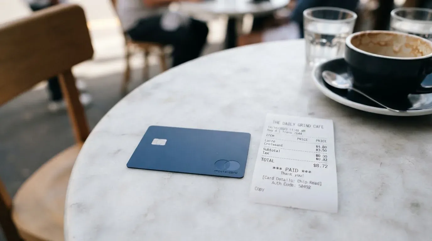 A receipt and a card on a café table