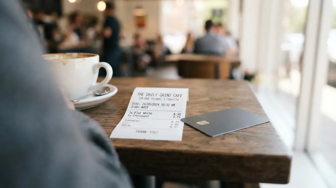 A receipt and a card on a café table