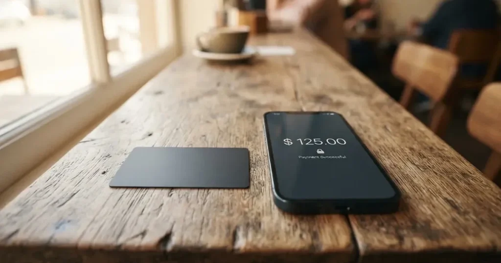A payment card next to a phone with a crypto wallet app open
