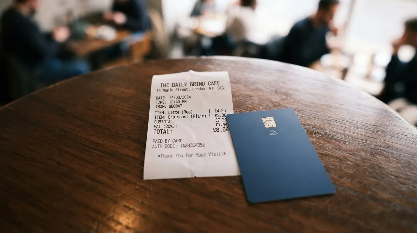 A receipt and a card on a café table
