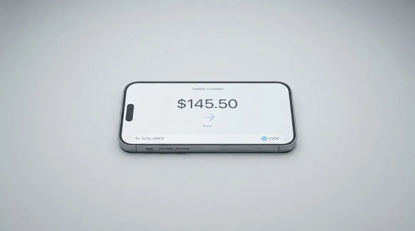 A phone showing a stablecoin transfer screen