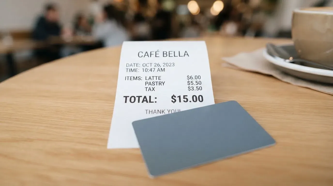 A receipt and a card on a café table