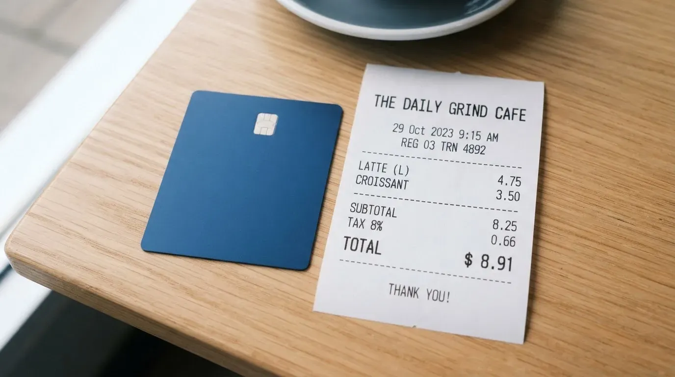 A receipt and a card on a café table