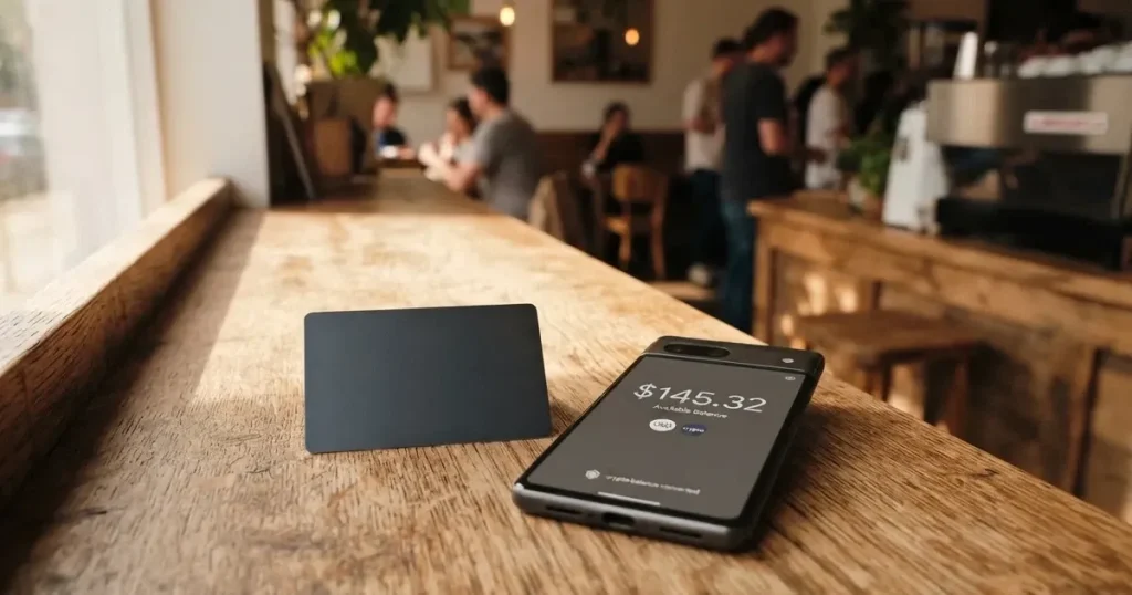 A payment card next to a phone with a crypto wallet app open
