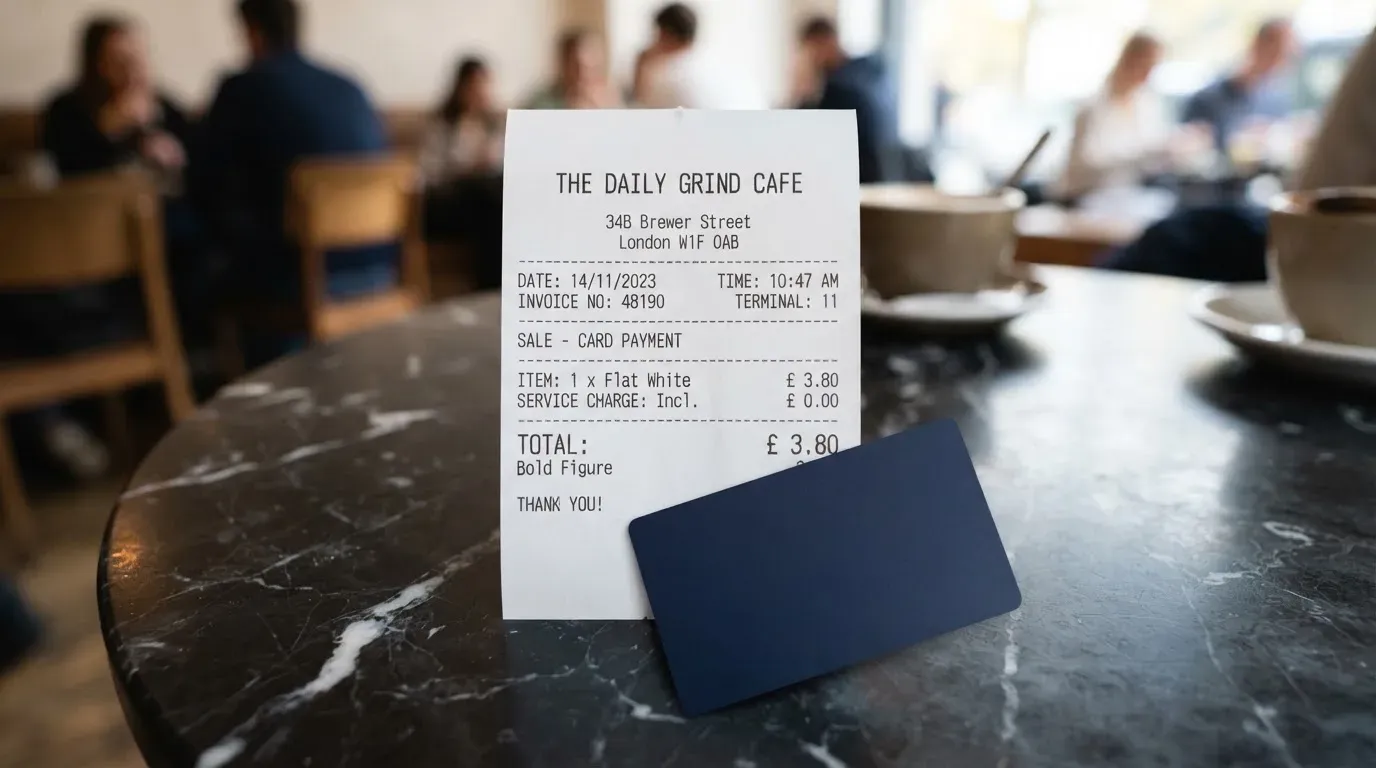 A receipt and a card on a café table