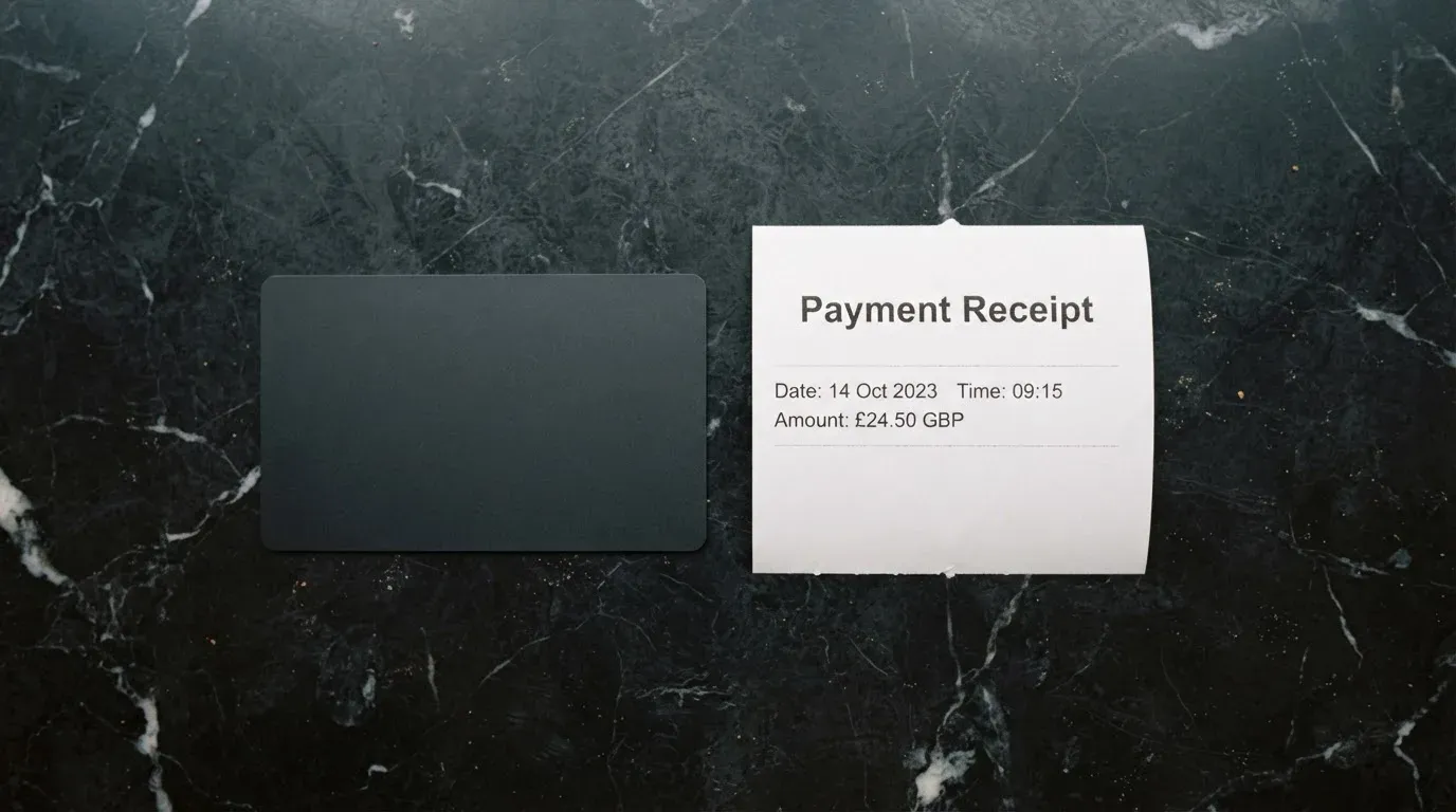 A receipt and a card on a café table