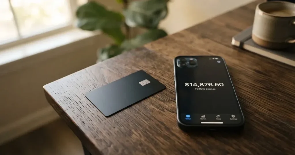 A payment card next to a phone with a crypto wallet app open