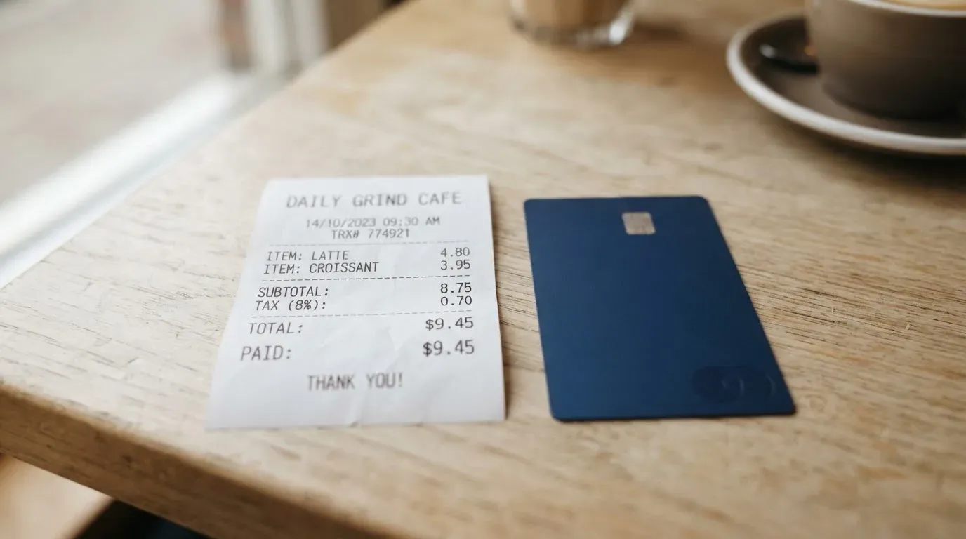 A receipt and a card on a café table
