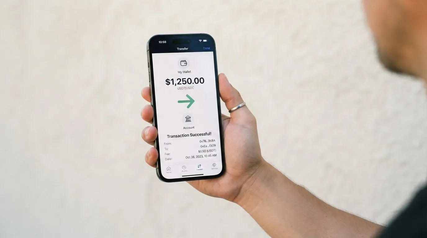 A phone showing a stablecoin transfer screen