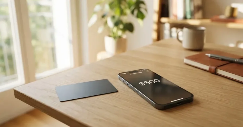 A payment card next to a phone with a crypto wallet app open