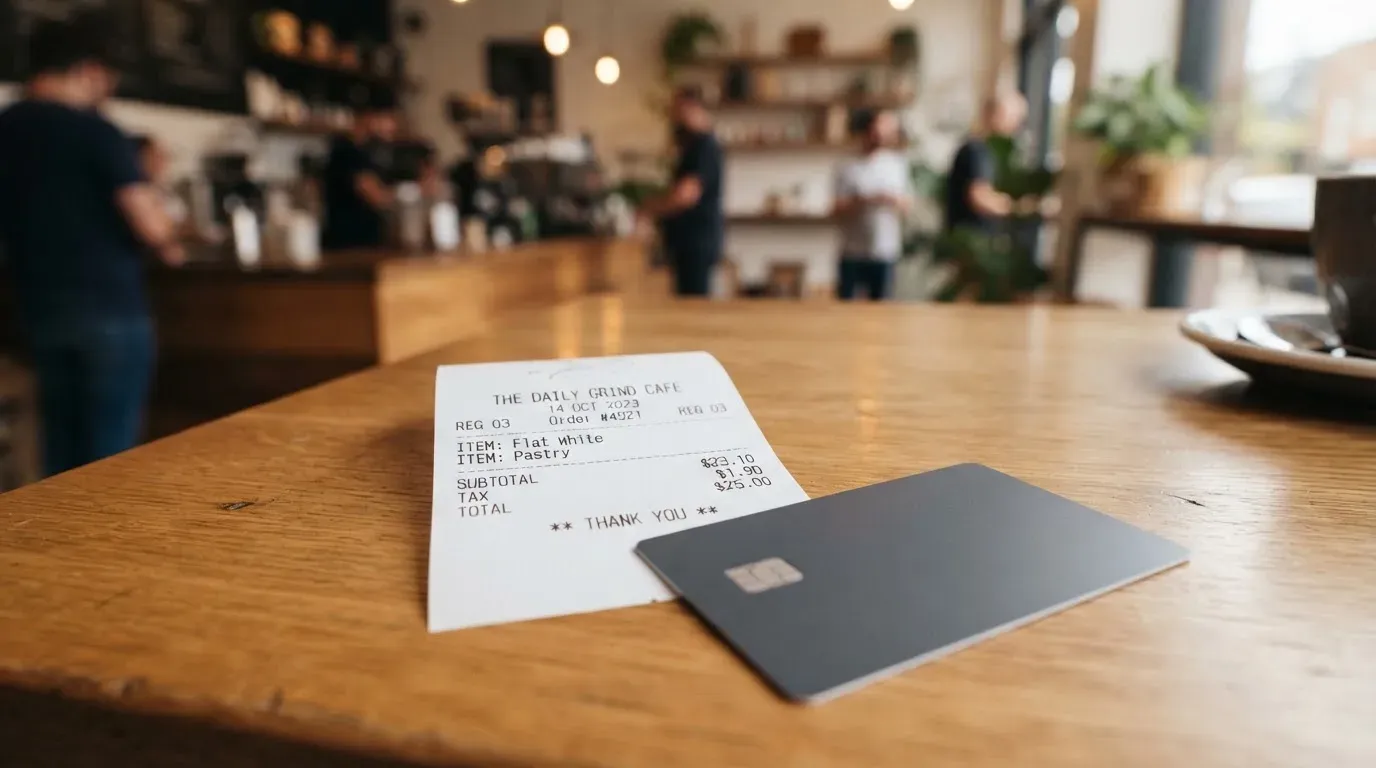 A receipt and a card on a café table