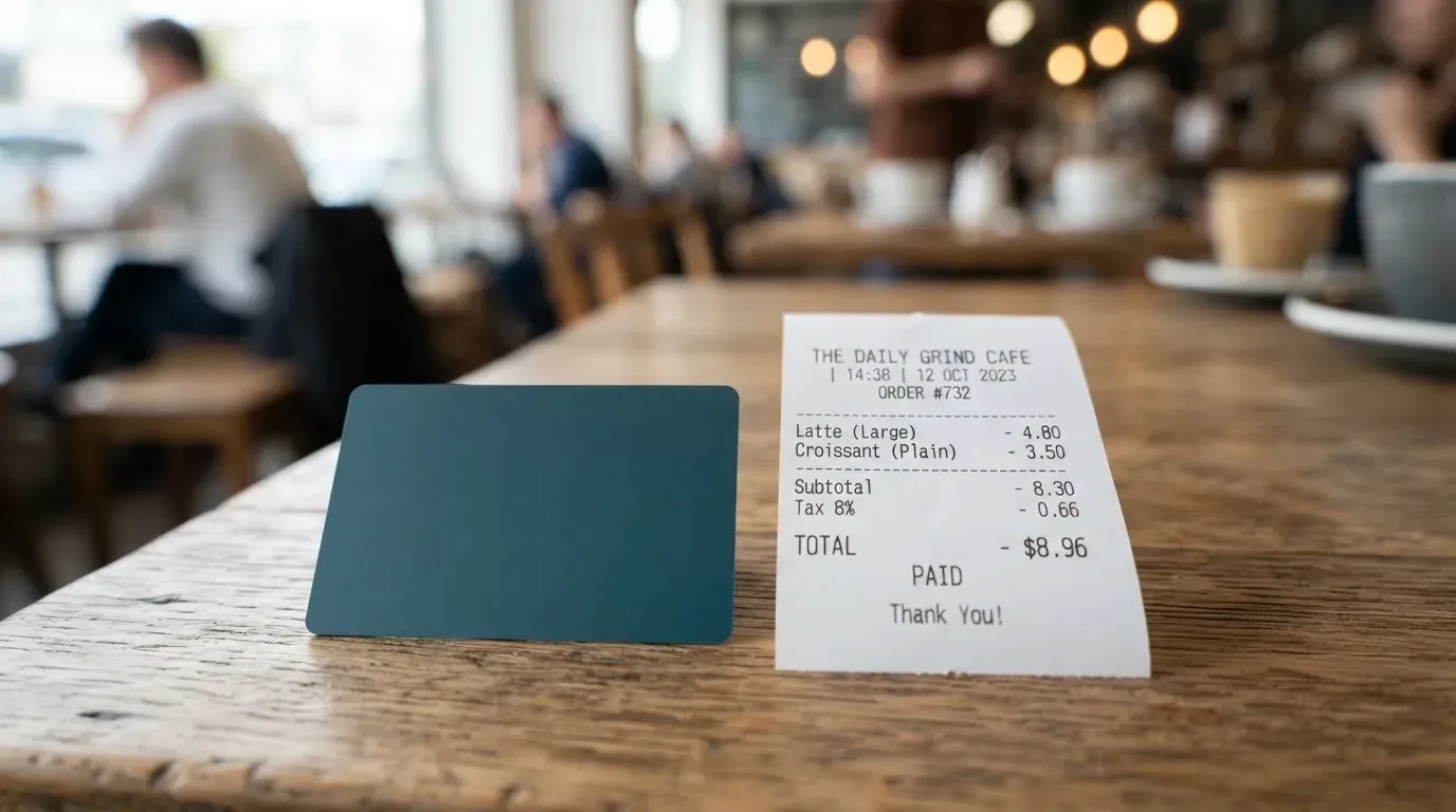 A receipt and a card on a café table