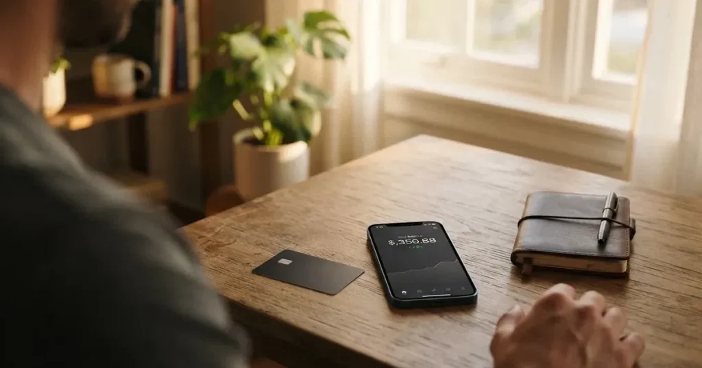 A payment card next to a phone with a crypto wallet app open