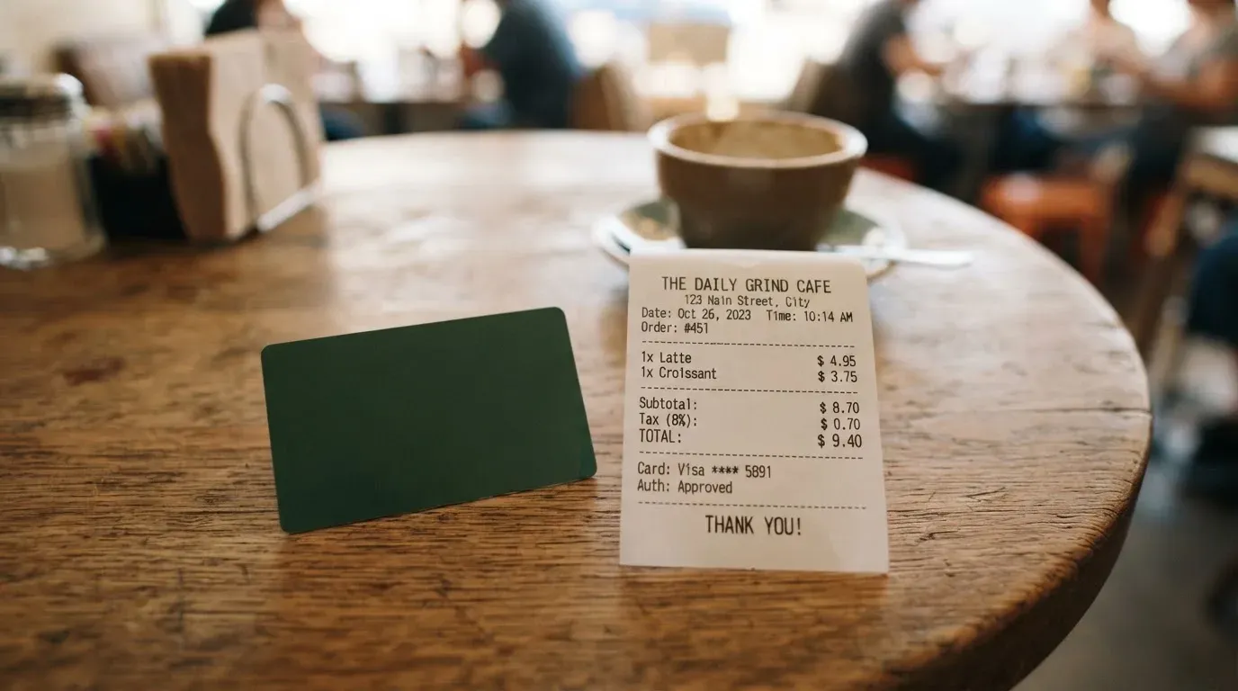 A receipt and a card on a café table