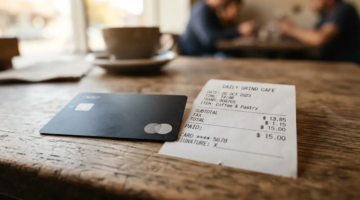 A receipt and a card on a café table