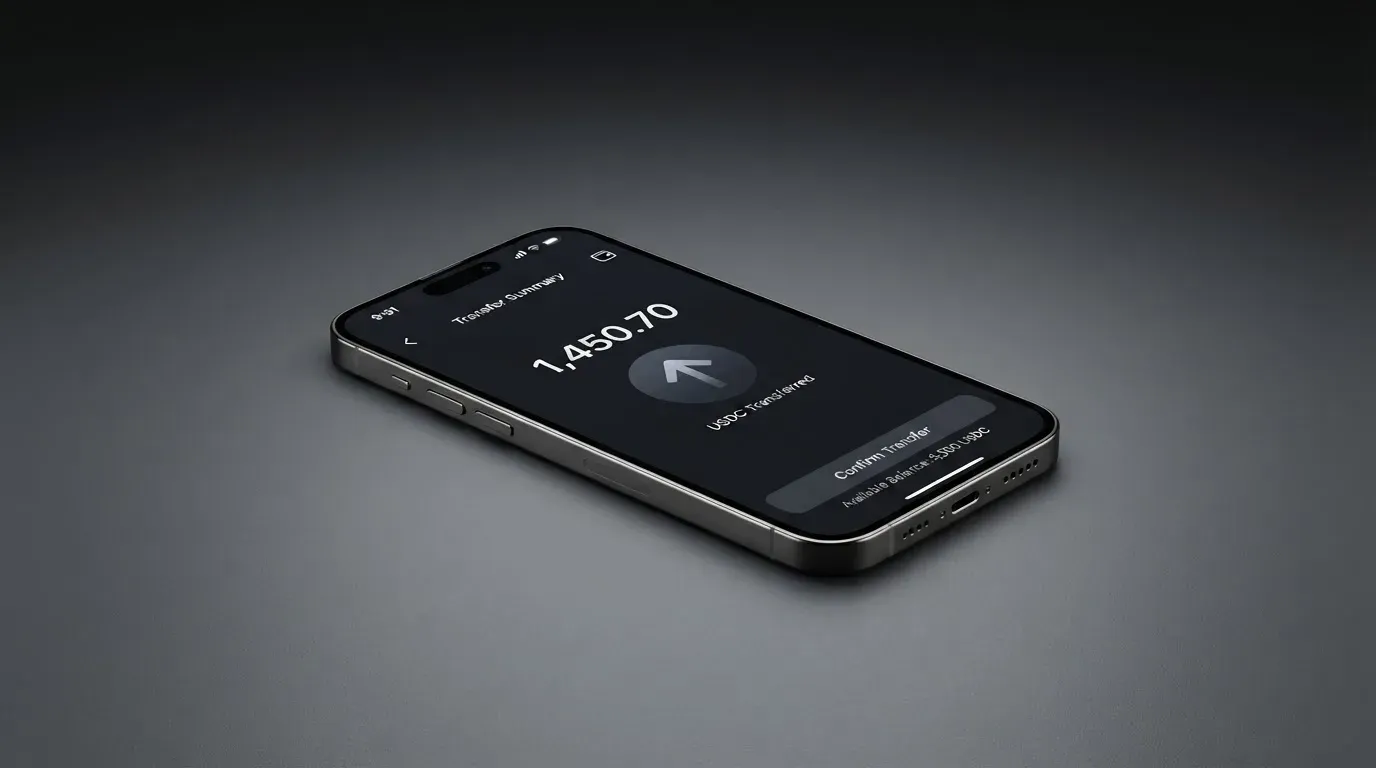 A phone showing a stablecoin transfer screen