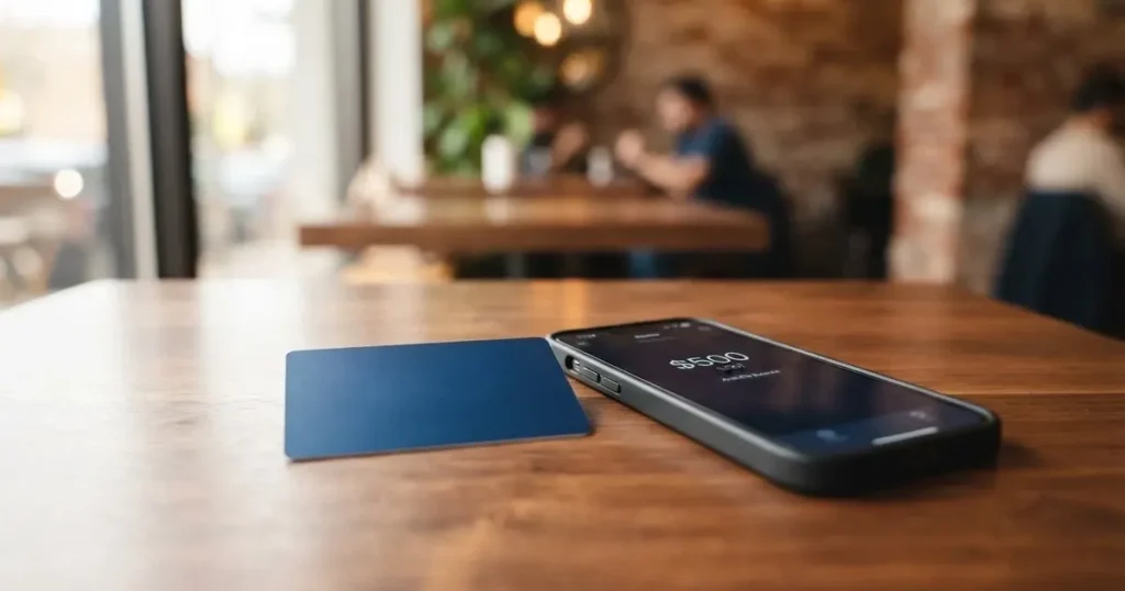A payment card next to a phone with a crypto wallet app open