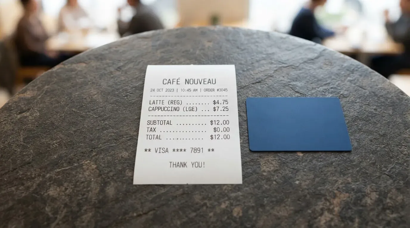 A receipt and a card on a café table