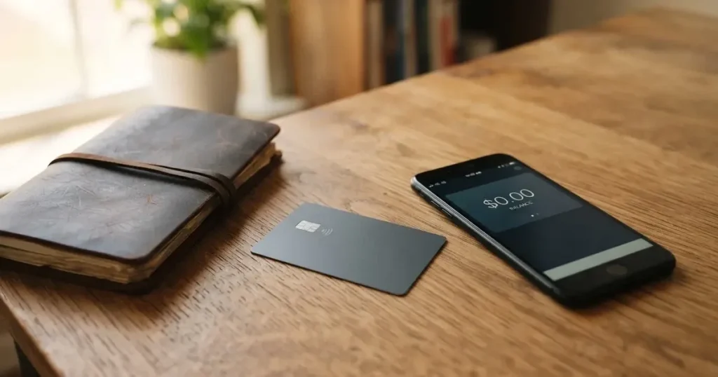 A payment card next to a phone with a crypto wallet app open