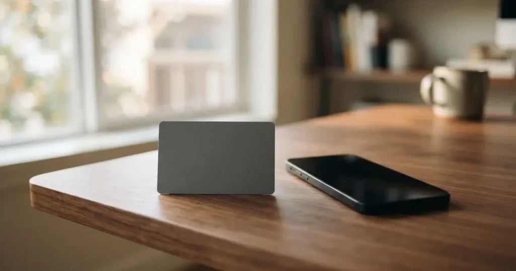 A payment card next to a phone with a crypto wallet app open