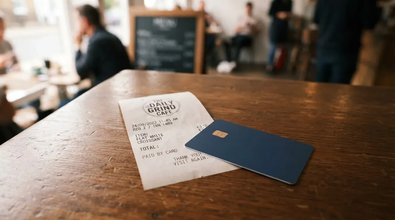 A receipt and a card on a café table