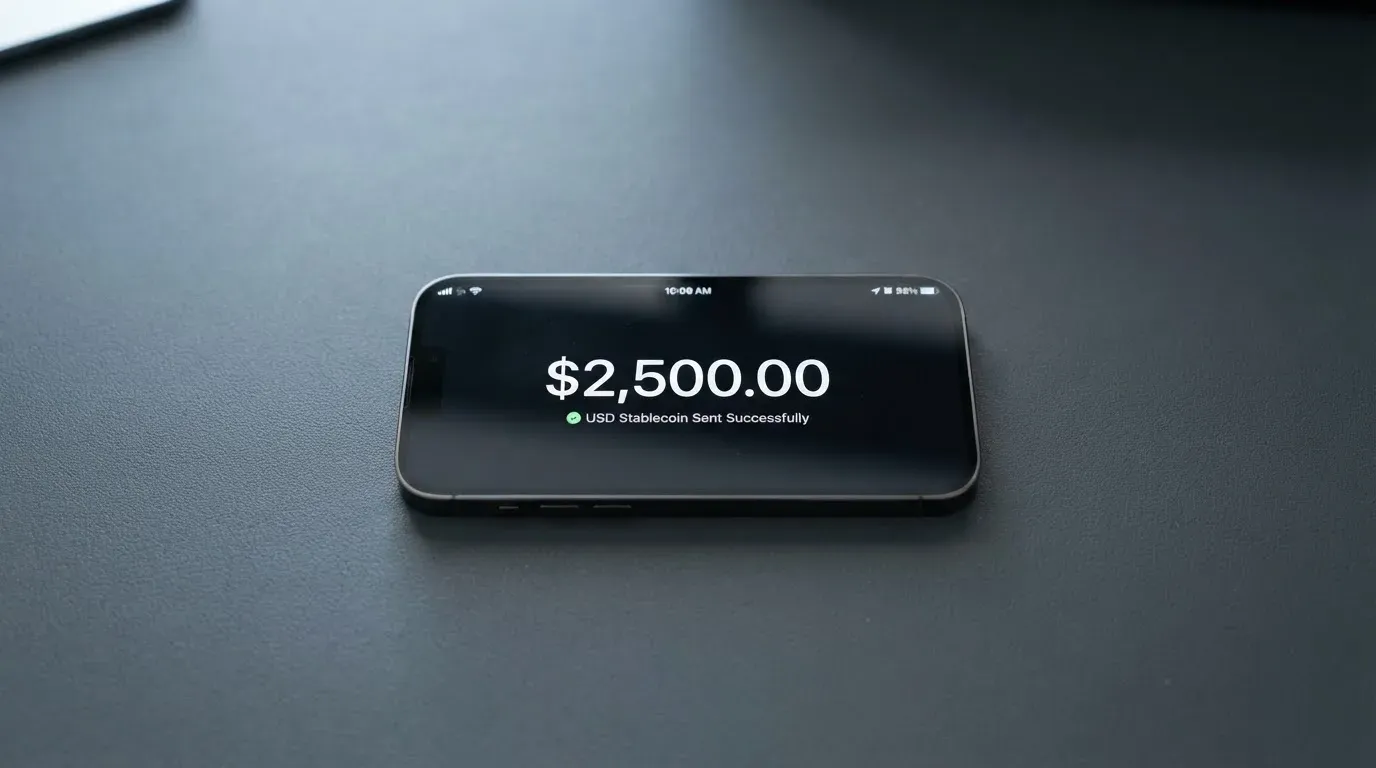 A phone showing a stablecoin transfer screen