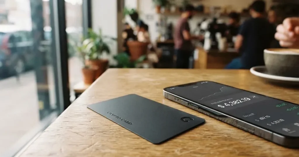 A payment card next to a phone with a crypto wallet app open