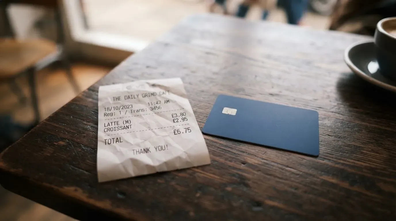 A receipt and a card on a café table
