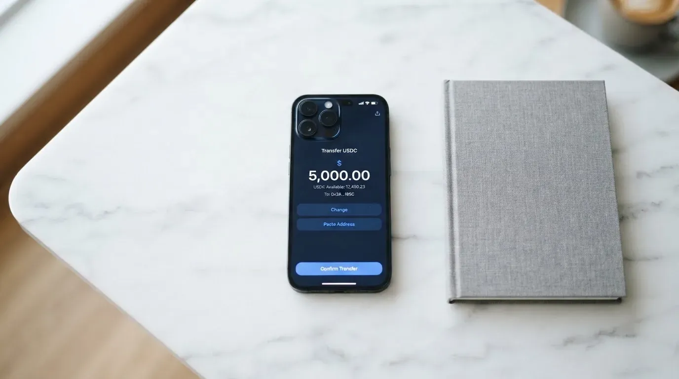 A phone showing a stablecoin transfer screen