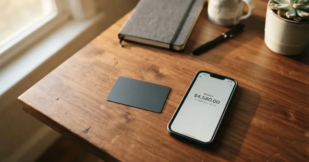 A payment card next to a phone with a crypto wallet app open