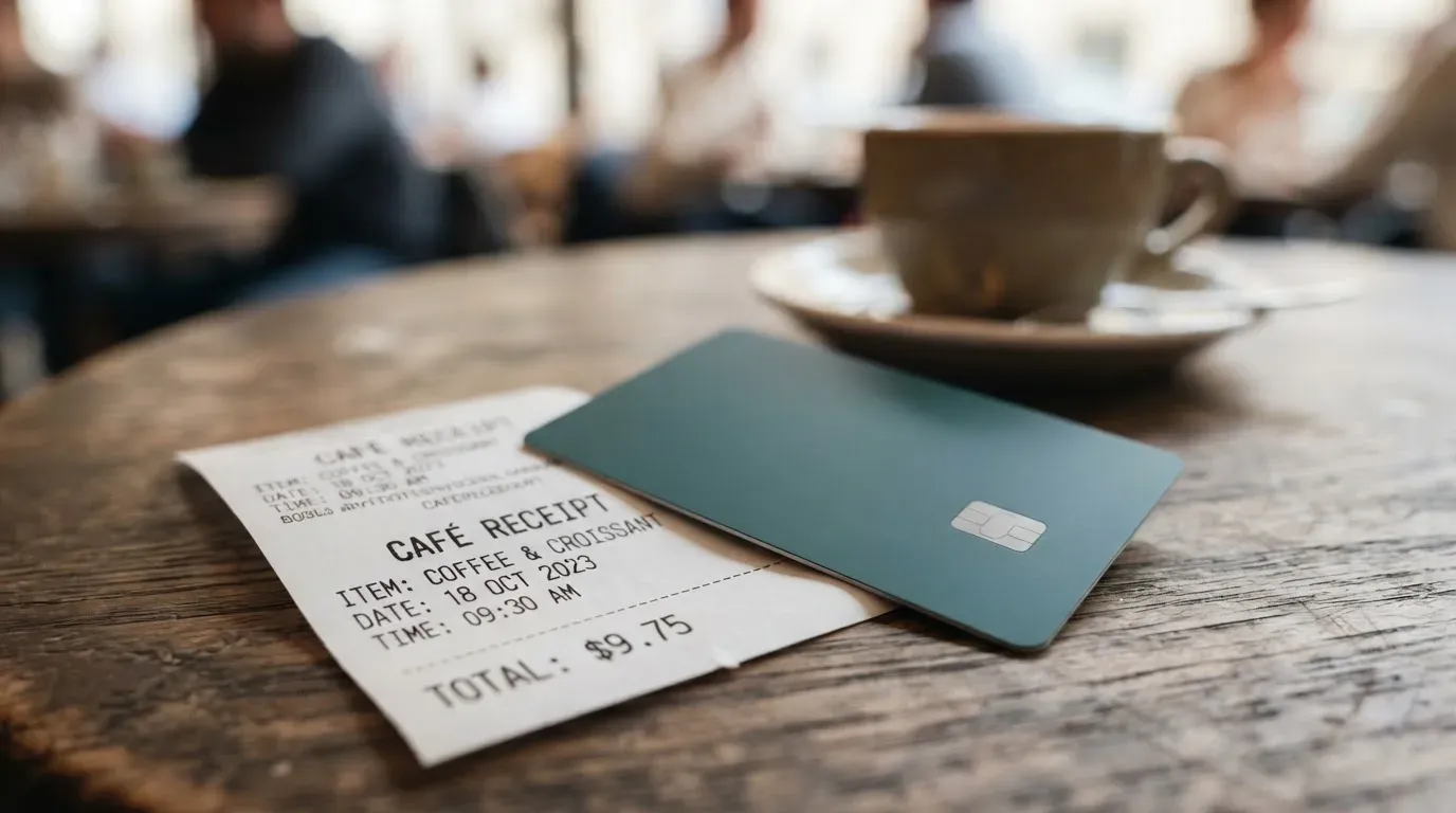 A receipt and a card on a café table