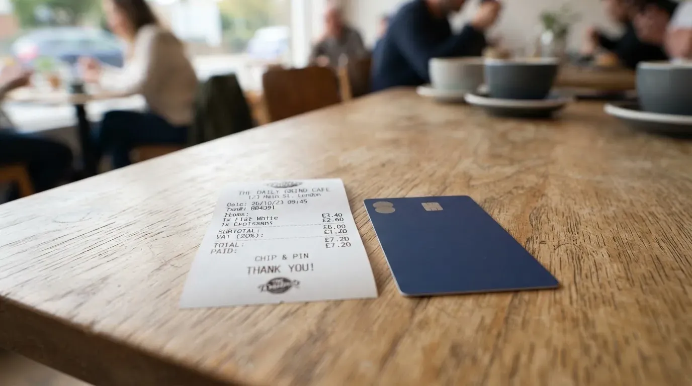 A receipt and a card on a café table