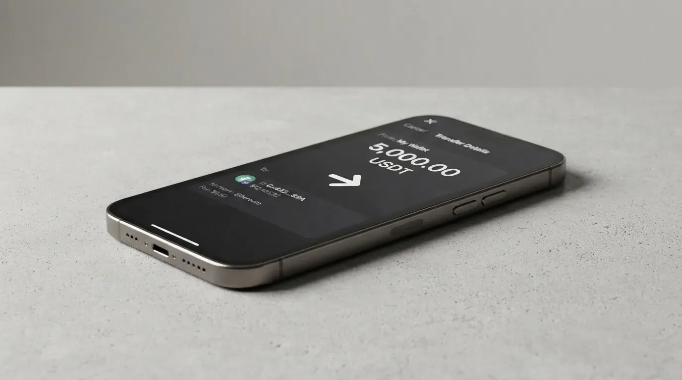 A phone showing a stablecoin transfer screen