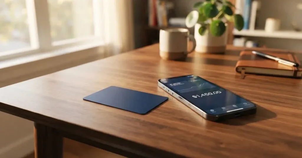A payment card next to a phone with a crypto wallet app open