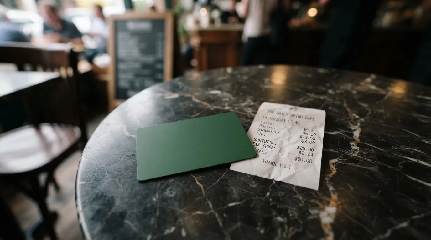 A receipt and a card on a café table