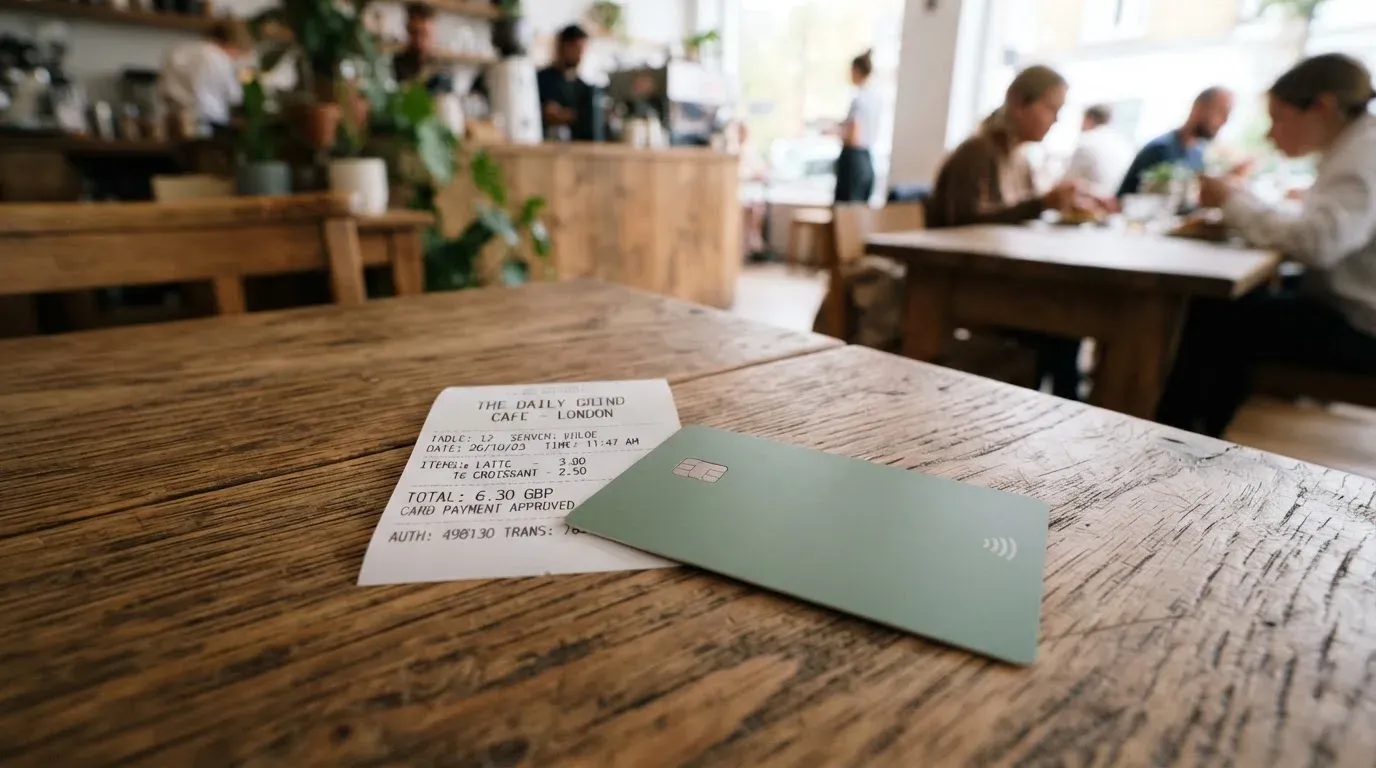 A receipt and a card on a café table