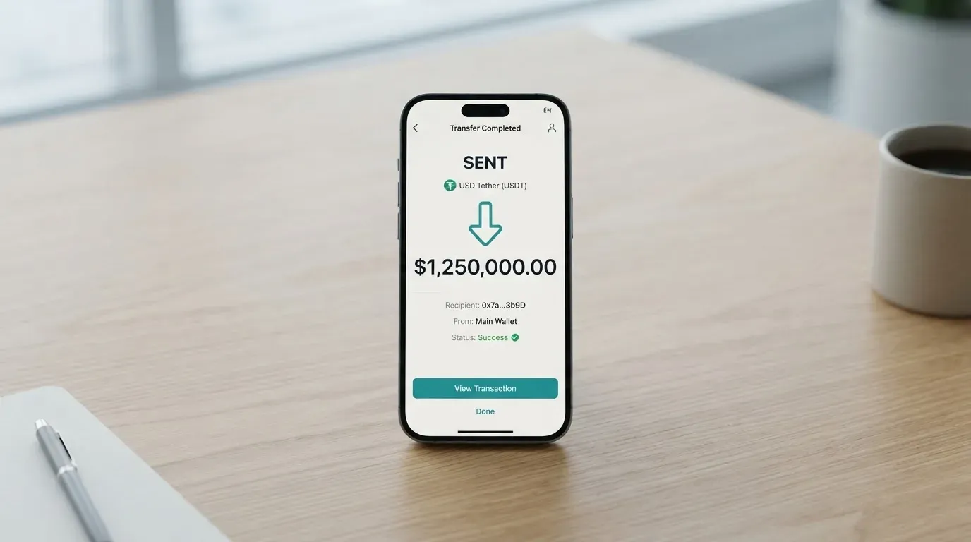 A phone showing a stablecoin transfer screen