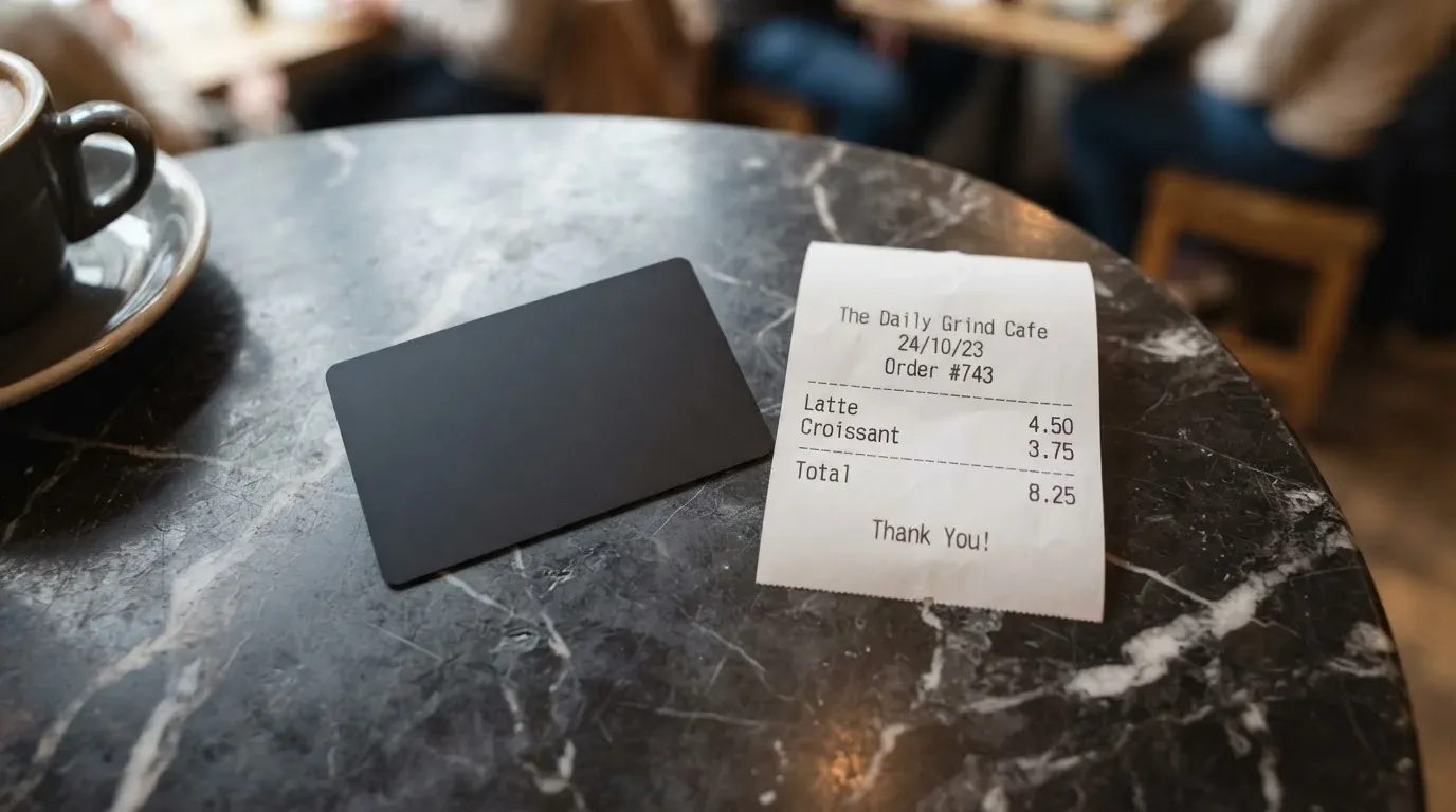 A receipt and a card on a café table